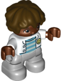 LEGO 47205pb089 Duplo Figure Lego Ville, Child Boy, Light Bluish Gray Legs, White Jacket, Light Aqua and Medium Azure Striped Top, Dark Brown Hair